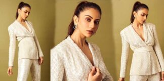 rakul showing her beauty in white color dress