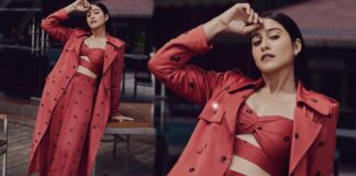 Beautyful regina shwoing her beautys on her red colour dress
