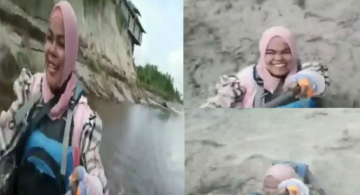 woman taking selfie in flash flood video viral