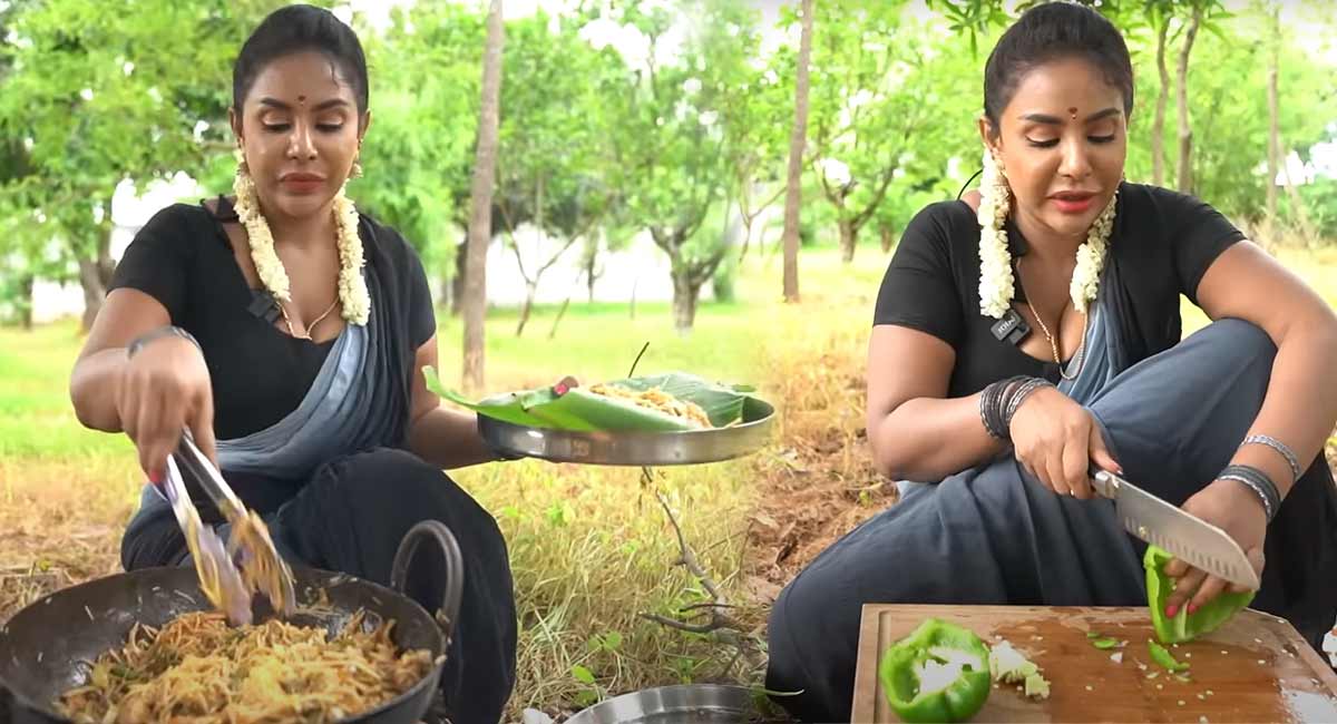 Sri Reddy : మామిడి తోటలో నూడిల్స్ చేస్తున్న శ్రీరెడ్డి, నూడిల్స్ తో పాటు అందాలు కూడా వడ్డిచేస్తుంది. sri reddy noodles village style cooking video on youtube