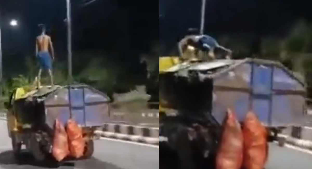Viral video : కదిలే వాహనం పై సూపర్ మేన్ లా స్టంట్స్ చేశాడు. చివరిలో ఊహించని షాక్.... stunts on a moving vehicle Unexpected shock at the end