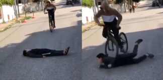 man lying on road hit by bicycle video viral